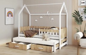 Detská domčeková posteľ z masívu borovice JASPER so šuplíkmi a prístelkou - 200x90 cm - biela/dub shetland