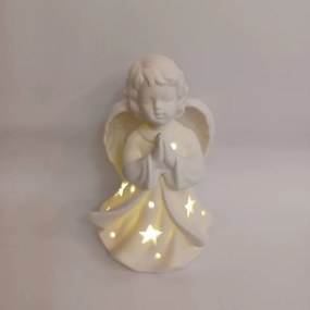 DECOLED Keramický andílek modlící se, 9,3 x 7,6 x 14,9 cm, teple bílá, 2xLR44