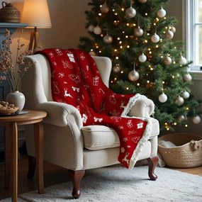 Červená vianočná deka s baránkom - 150 x 200 cm