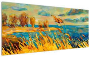 Obraz - Západajúce slnko nad jazerom, akrylová maľba (120x50 cm)