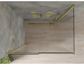 Mexen Omega, sprchovací kút s posuvnými dverami 140 (dvere) x 100 (stena) cm, 8mm sklo, zlatý profil-číre sklo, 825-140-100-50-00
