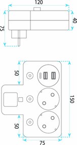 Toolight Toolight, JNH017, zásuvkový rozbočovač 2 zásuvky + 2× USB-A + USB-C s LED svetlom, čierna, OSW-56308