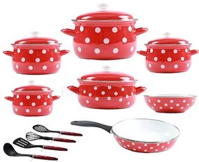 BELIS súprava smaltovaných hrncov červených s bielymi bodkami, 16 ks