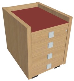 Mobilný kontajner Verno 47 x 60 cm so sklom, 4 zásuvky, dub svetlý / červená