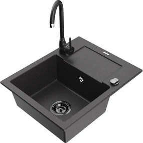 Mexen Enzo, granitový drez 576x465x174 mm, 1-komorový, čierna batéria Telma, čierna škvrnitá, 6506-76-670200-70-B