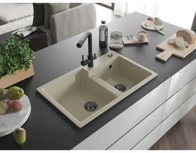 Mexen Tomas, granitový drez 800x500x190 mm, 2-komorový a čierna batéria Duero, béžová, 6516-69-671600-70