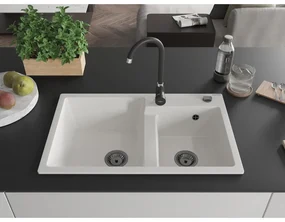 Mexen Tomas, granitový drez 800x500x190 mm, 2-komorový a čierna batéria Telma, biela, 6516-20-670200-70