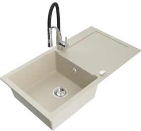 Mexen Leo, granitový drez 900x500x190 mm, 1-komorový a drezová batéria Aster, béžová, 6501-69-73450-07