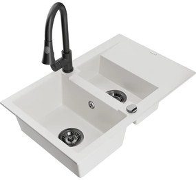 Mexen Gaspar, 1,5-komorový granitový drez 737x475x177 mm a drezová batéria Elia, biela, 6507-20-670101-70
