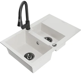 Mexen Gaspar, 1,5-komorový granitový drez 737x475x177 mm a drezová batéria Elia, biela, 6507-20-670101-70