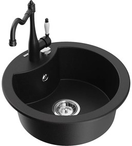 Mexen Diego, granitový drez 488x488x167 mm, 1-komorový a drezová batéria Carla, čierna, 6512-77-670700-70