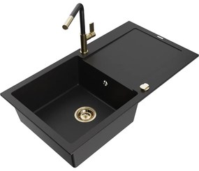 Mexen Leo, 1-komorový granitový drez 900x500x190 mm a drezová batéria Flora, čierna, 6501-77-670401-57-G