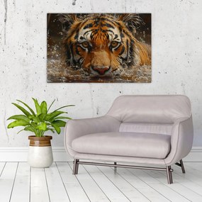 Obraz - Portrét tigra vo vode (90x60 cm)