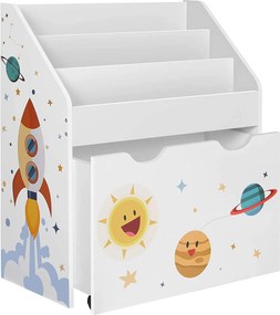 Detský organizér na knihy s úložným boxom na hračky, biely s vesmírnym motívom