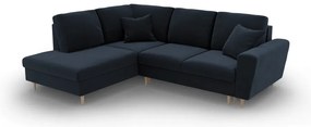 Tmavomodrá zamatová rozkladacia/s úložným priestorom rohová pohovka (ľavý roh/do L) Kyoto – Cosmopolitan Design