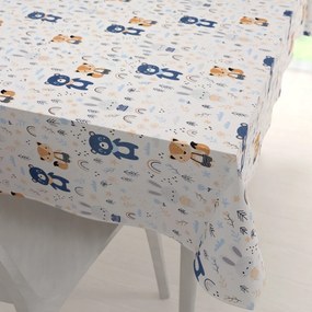Biante Detský bavlnený obdĺžnikový obrus Sandra SA-595 Modro-béžové lesné zvieratká na bielom 140x200 cm