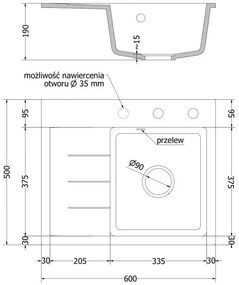 Mexen Ben, 1-komorový granitový drez 600x500x190 mm, pravý + čierny sifón, čierna-strieborná metalíza, 6523605000-73-B