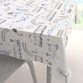 Biante Detský bavlnený štvorcový obrus Sandra SA-690 Modré vláčiky s lietadielkami na bielom 100x100 cm