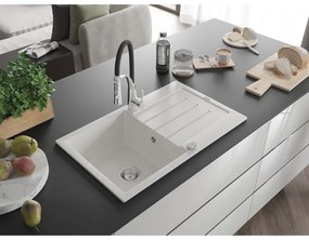Mexen Bruno, 1-komorový granitový drez 795x495x200 mm a drezová batéria Aster, biela, 6513-20-73450-07