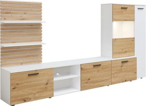 Obývacia stena Heathrow, biela/dub artisan, s osvetlením