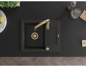 Mexen Enzo, 1-komorový granitový drez 576x465x174 mm a drezová batéria Savita, čierna-zlatá metalíza, 6506-75-672601-50