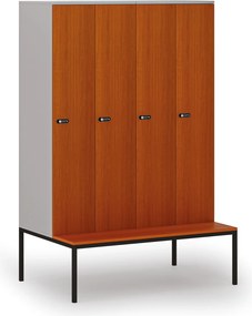 Drevená šatníková skrinka S4 s lavičkou, 4 oddiely, 1871 x 1200 x 500/800 mm, demont, mechanický kódový zámok, sivá/čerešňa