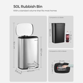 Kuchynský odpadkový kôš 50 L, pedálový, strieborný