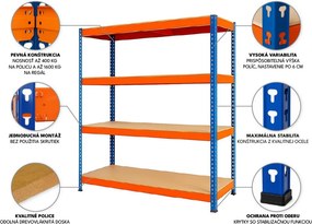 Regál 168x160x60 cm profesionálny 4-policový, nosnosť 160 kg - modro-oranžový