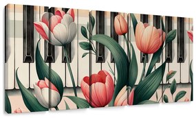 5-dielny obraz klavír a tulipány v kvetinovej symfónii