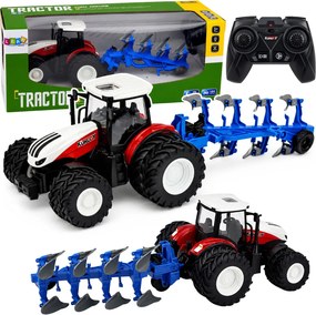 LEAN Toys Poľnohospodársky traktor s viacradovým pluhom, diaľkovo ovládaný RC, červený, mierka 1:24