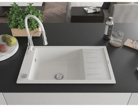 Mexen Elias, 1-komorový granitový drez 795x480x200 mm a drezová batéria Aster, biela, 6511-20-73450-02