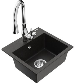 Mexen Milo, 1-komorový granitový drez 435x410x171 mm a drezová batéria Savita, čierna-zlatá metalíza, 6505-75-672601-00