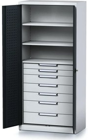 Policová dielenská skriňa 2-dverová MECHANIC, 3 police, 7 zásuviek, 920 x 500 x 1950 mm, antracitové dvere
