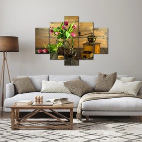 Obraz - tulipány, mlynček a káva (150x105 cm)