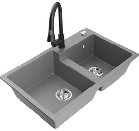 Mexen Tomas, 2-komorový granitový drez 800x500x190 mm a drezová batéria Elia, šedá, 6516-71-670101-70