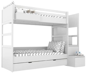 Biela detská poschodová posteľ SIMONE s úložnými schodmi a policou 90x200 cm