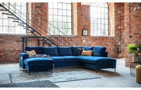 Námorníckymodrá zamatová rozkladacia pohovka do "U" Miuform Lofty Lilly, pravý roh