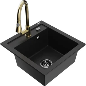Mexen Vito, 1-komorový granitový drez 490x520x210 mm a drezová batéria Elia, čierna, 6503-77-670101-50-B