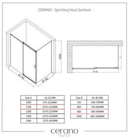Cerano Santoro, sprchový kút s posuvnými dverami 110(dvere) x 90(stena) x 195 cm, 6mm číre sklo, čierny profil, CER-CER-431488