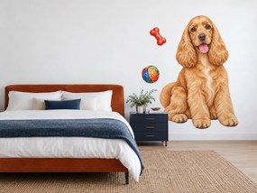 Anglický kokršpanel s loptičkou a kosťou realistické textilné nálepky na stenu pre milovníkov kokršpanelov arch 32 x 46 cm