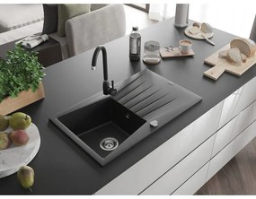 Mexen Cesar, 1-komorový granitový drez s odkvapkávačom 78x47 cm a kuchynskou batériou Telma, čierna-strieborná, 6514-73-670200-70