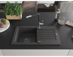 Mexen Pablo, 1-komorový granitový drez 752x436x161 mm a drezová batéria Flora, čierna škvrnitá, 6510-76-670401-07-B