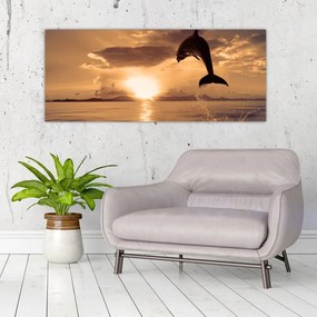 Obraz - Delfín pri západe slnka (120x50 cm)