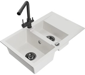 Mexen Gaspar, granitový drez 737x475x177 mm, 1,5-komorový, čierna batéria Duero, biela, 6507-20-671600-70