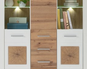 Široká vitrína s osvetlením Matera,starý dub/biela