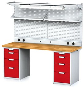 Alfa 3 Dielenský stôl MECHANIC I + 2x závesný box, nadstavba, polica, el. zásuvky a osvetlenie , 8 zásuviek, 2000x685x880 mm, červené dvere
