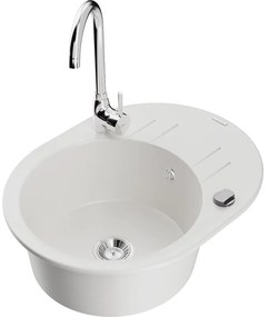 Mexen Kevin, drez granitový 586x458x190 mm, 1-komorový a chrómová batéria Telma, biela, 6517-20-670200-00