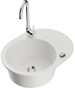 Mexen Kevin, drez granitový 586x458x190 mm, 1-komorový a chrómová batéria Telma, biela, 6517-20-670200-00