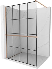 Mexen Kioto+, sprchová zástena Walk-In s poličkou a vešiakom 130 x 200 cm, 8mm číre sklo čierny vzor, medený matný profil, 800-130-121-65-77
