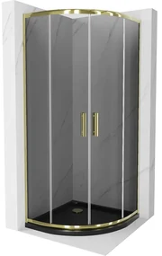 Mexen Rio, štvrťkruhový sprchovací kút s posuvnými dverami 90(dvere) x 90(dvere) x 190 cm, 6mm šedé sklo, zlatý profil + čierna sprchová vanička SLIM, 863-090-090-50-40-4170G